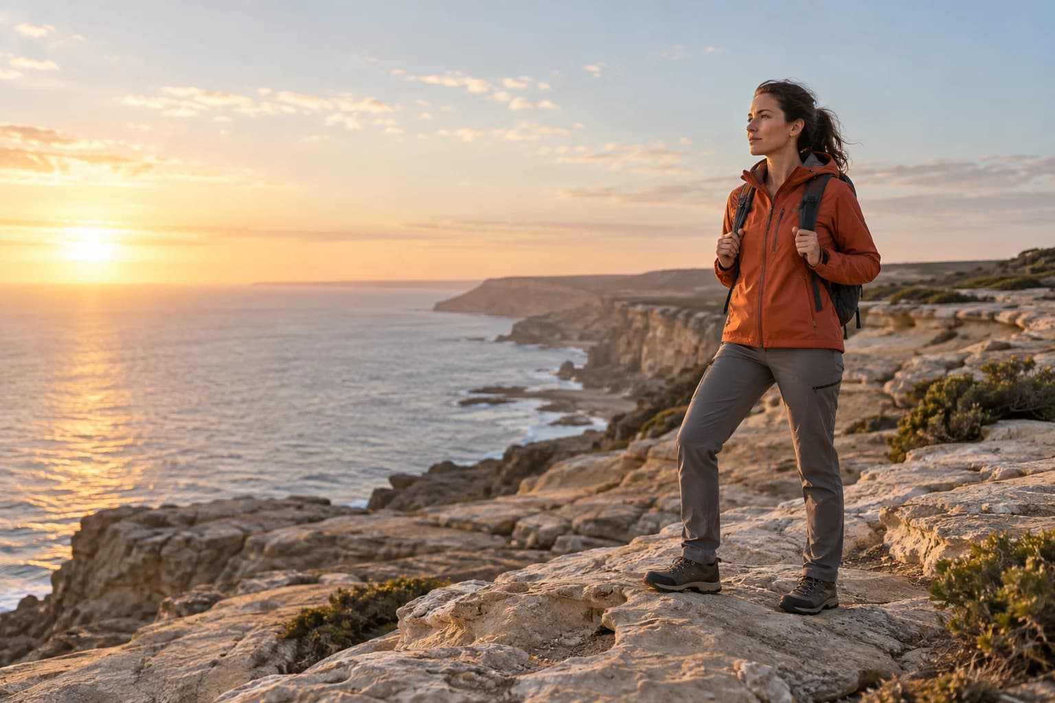 An adult hiker overlooking a sandstone coastline at sunrise